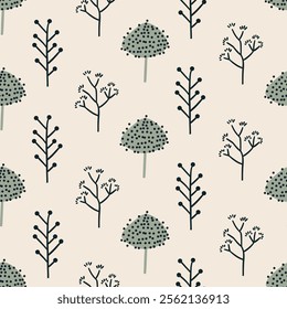 Seamless trendy pattern with abstract scandi trees , flat style illustration on light background