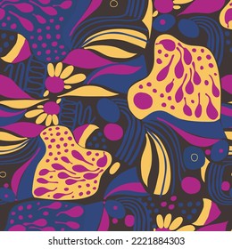 Seamless trendy  pattern. Abstract  shapes and elements, leaves, plants, dark blue background, hand drawn, minimalist,  packaging, wallpaper, design for textiles, vector