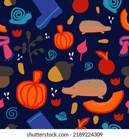 Seamless trendy pattern with autumn decorative elements in the form of pumpkins, leaves, mushrooms, hedgehogs.