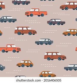 Seamless trendy pattern. A classic cars in retro color on beige background. Vintage style. Design for use in textiles, fabrics for kids, publications, gift wrap Vector illustration