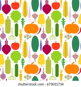 Seamless trendy pattern with color silhouettes of geometric vegetables. For vegan restaurant menu design, posters, packaging, tablecloth.