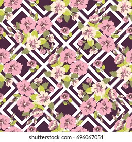 Seamless trendy pattern in cute flowers. Composite geometric overlay. Floral background for textile, wallpaper, pattern fills, covers, surface, print, gift wrap, scrapbooking, decoupage.