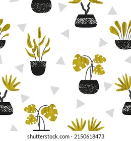 Seamless trendy pattern with cute tropical house plants in pots. Vector background.