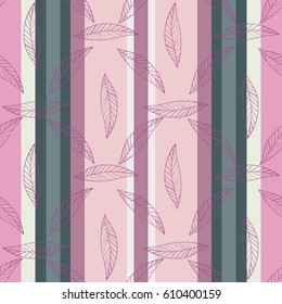 Seamless Trendy Pattern design with doodle spring leafs on striped background. design of wallpaper, fabric, card, packaging and decorative textile.Concept for Woman`s day, Easter, birthday and holiday