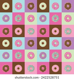 Seamless trendy pattern with different donuts on a square background. Pattern for children's clothes, tablecloths, packaging. Vector illustration