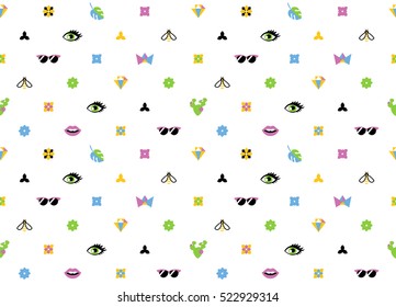 Seamless trendy pattern with fashion elements. Black and white background. Design for fabric. Eye, Bee, crown, diamond, cactus and lips. Vector clip art. Eps 10