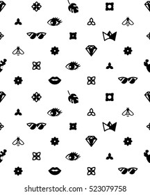 Seamless trendy pattern with fashion elements. Black and white background. Design for fabric. Eye, Bee, crown, diamond, cactus and lips. Vector clip art. Eps 10