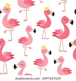 Seamless trendy pattern with flamingo in crown. Childish pattern for childish prints, clothing, packaging, wrapping paper and postcards. Cute birds in flat style for kids. Vector illustration.