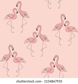 Nahtlose trendige Muster mit Flamingo. Eine Linie, Vektorgrafik für Drucke, Kleidung, Verpackung und Postkarten.