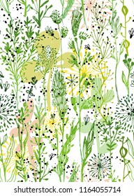 Seamless trendy pattern green grass and dandelions. Vector botanical illustration, Great design element for fabric, wrapping paper, congratulation cards, banners, flyers, and another