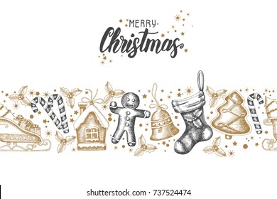 Seamless trendy pattern with hand drawn golden-black christmas objects on white.Merry Christmas and Happy New Year. Sketch.Lettering.Background can be used for wallpaper,web,banner, textile, packaging