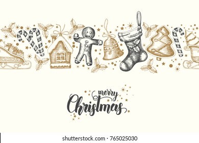 Seamless trendy pattern with hand drawn golden-black christmas objects. Merry Christmas and Happy New Year. Sketch. Lettering. Background can be used for wallpaper,web,banner, textile, packaging