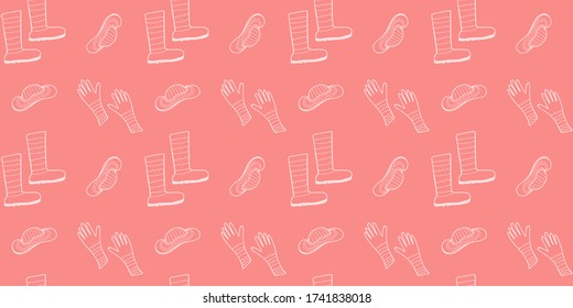 Nahtlose trendige Muster handgezeichneter Lichtrekordhandschuhe, Hüte und flache Stiefel auf Korallenhintergrund. Endlose Textur von modischen Frauenzubehör. Vektor.