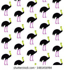 Seamless Trendy Pattern With Handdrown Flat Ostrich In White Background, Emu Ostrich Silhouette Image, Figure Birds In The Form Of A Sketch 