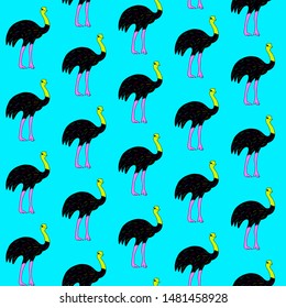 Seamless Trendy Pattern With Handdrown Flat Ostrich In Blue Background, Emu Ostrich Silhouette Image, Figure Birds In The Form Of A Sketch 