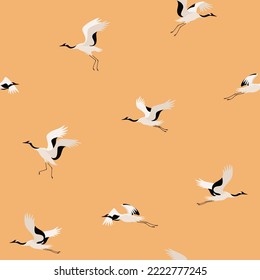 Seamless trendy pattern with japanese crane. Flying bird.