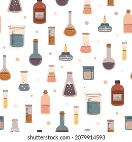 Patrón de diseño de los equipos de laboratorio. Impresión sin fin con matraz, tubo de ensayo, vidrio químico. Diseño para envolver papel, textil, fondo, ilustración vectorial.