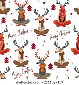 Seamless trendy pattern with moose in yoga pose, Christmas reindeer. Seamless pattern New Year, Christmas.