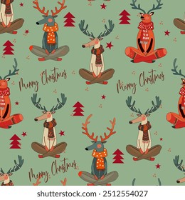 Seamless trendy pattern with moose in yoga pose, Christmas reindeer. Seamless pattern New Year, Christmas.