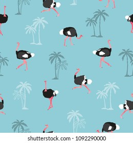 Seamless trendy pattern with ostrich and palm tree on blue background.