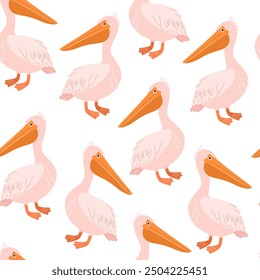 Seamless trendy pattern with pelican bird. Childish pattern for childish prints, clothing, packaging, wrapping paper and postcards. Cute birds in flat style for kids. Vector illustration.