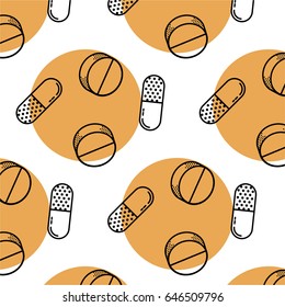 Seamless trendy pattern with pills and yellow circles.