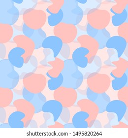 Seamless trendy pattern with pink and blue abstract liquid flat splashes. Background can be printed on textile, wallpaper, wrapping paper, greeting cards, etc. Vector illustration. EPS10