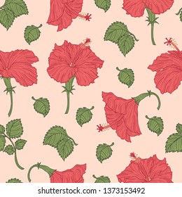 Seamless trendy pattern of Red Hibiscus in pastel pink background. Repeat pattern for textile, prints, etc. Hand drawing style vector.