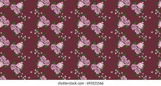 Seamless trendy pattern in small flowers of violet. Country style millefleurs. Floral ditsy regular order background for textile, wallpaper, covers, surface, print, gift wrap, scrapbooking, decoupage.