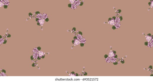 Seamless trendy pattern in small flowers of violet. Country style millefleurs. Floral ditsy regular order background for textile, wallpaper, covers, surface, print, gift wrap, scrapbooking, decoupage.