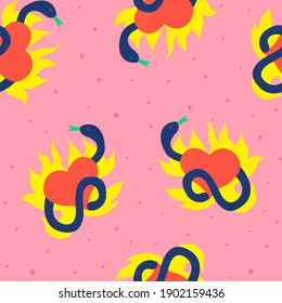 Seamless trendy pattern with snake and flaming hearts. Vector textured background. Print for textile, t-shirt, wrapping paper, greeting cards.