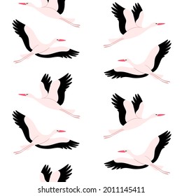 Seamless trendy pattern with stork. Cartoon vector illustration for prints, clothing, packaging and postcards.
