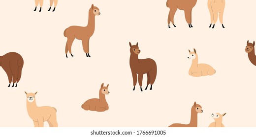 Patrón de moda sin inconvenientes con el estilo cartográfico alpaca en varias poses. Diseño plano de color beige y marrón.