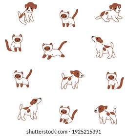 Patrón de moda sin inconvenientes con estilo gato y perro de dibujos animados. Ilustración vectorial con el gato siamés y Jack Russell Terrier.