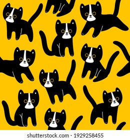 Seamless trendy pattern with style cartoon black kitty.