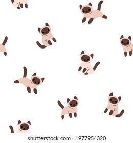 Seamless trendy pattern with style cartoon Siamese cat.