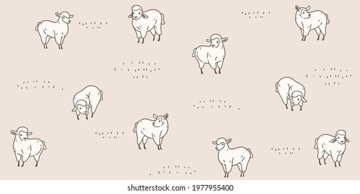 Seamless trendy pattern with style cartoon sheep in various poses. Flat design print in beige  color.