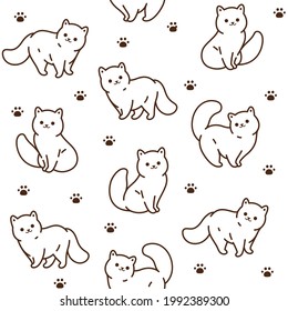 Seamless trendy pattern with style cartoon fat fluffy cat and paw print. Cute contour vector illustration.