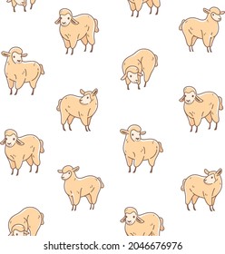 Seamless trendy pattern with style cartoon sheep in various poses. Flat design print in beige  color.