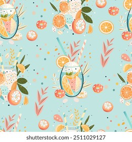 Seamless trendy pattern with teapot, lemon, cup of tea and flower. Seamless pattern.  Hot drinks, winter style