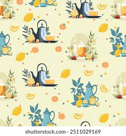 Seamless trendy pattern with teapot, lemon, cup of tea and flower. Seamless pattern.  Hot drinks, winter style