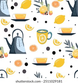 Seamless trendy pattern with teapot, lemon, cup of tea and flower. Seamless pattern.  Hot drinks, winter style