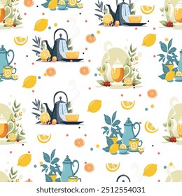Seamless trendy pattern with teapot, lemon, cup of tea and flower. Seamless pattern.  Hot drinks, winter style