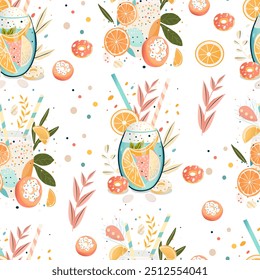 Seamless trendy pattern with teapot, lemon, cup of tea and flower. Seamless pattern.  Hot drinks, winter style