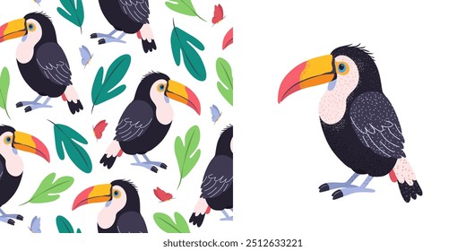Seamless trendy pattern with toucan bird and tropical leaves. Pattern for childish prints, clothing, packaging, wrapping paper and postcards. Cute birds in flat style for kids. Vector tile.