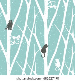 seamless trendy pattern with trees fnd cats. Floral vintage wallpaper. Fanny vector illustration. Eps-8