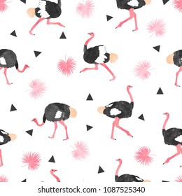 Seamless trendy pattern with watercolor ostrich, palm leaves and triangles.