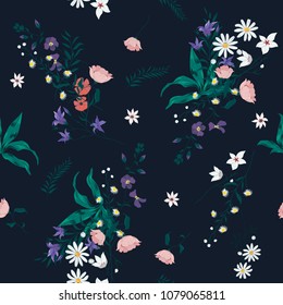 Seamless trendy  pattern with wild flowers and palnts. Vector.