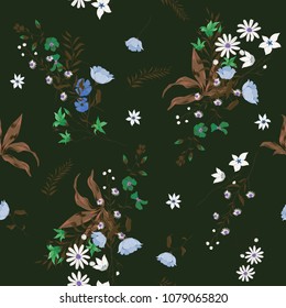 Seamless trendy  pattern with wild flowers and palnts. Vector.