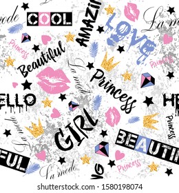 Seamless trendy pattern.Beautiful multi-colored pattern.illustration with inscription, crown and cute princess elements.